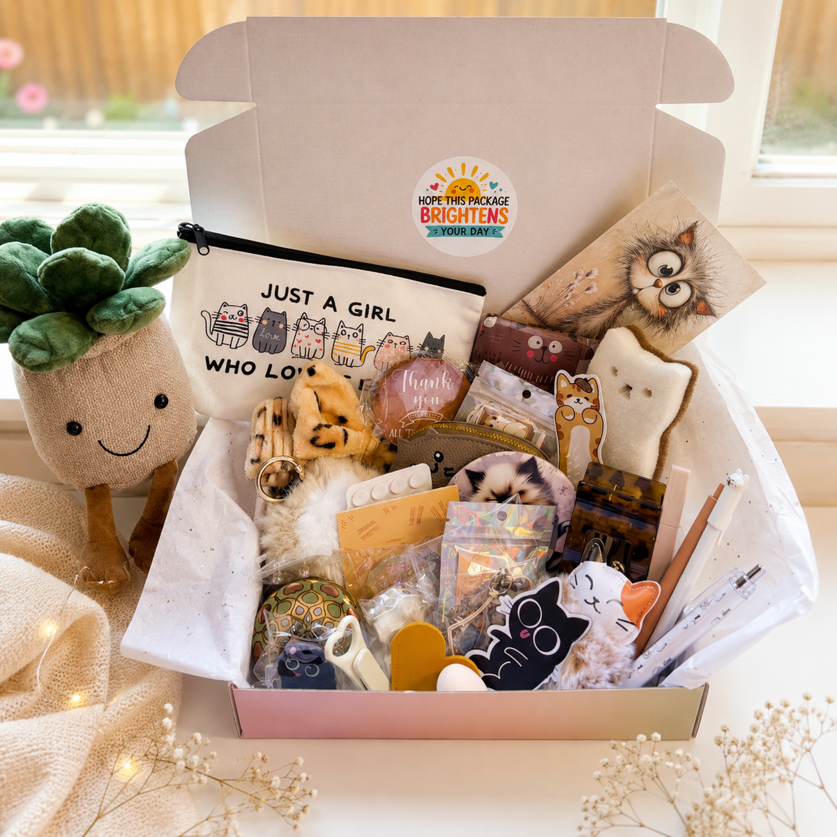 cat themed gift box unboxing with cute cozy surprises